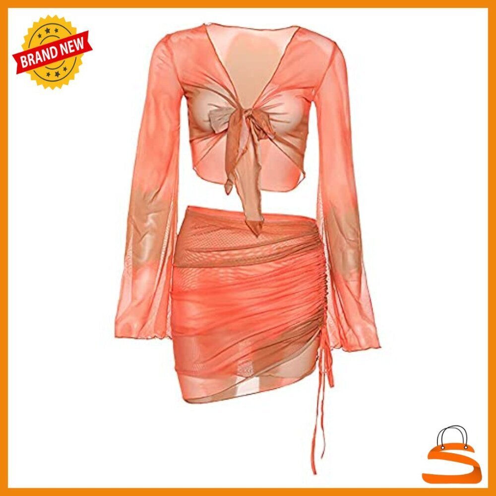 Small Polyester Sheer Mesh 2-Piece Set Long Sleeve Crop Top Mini Skirt - Picture 3 of 7